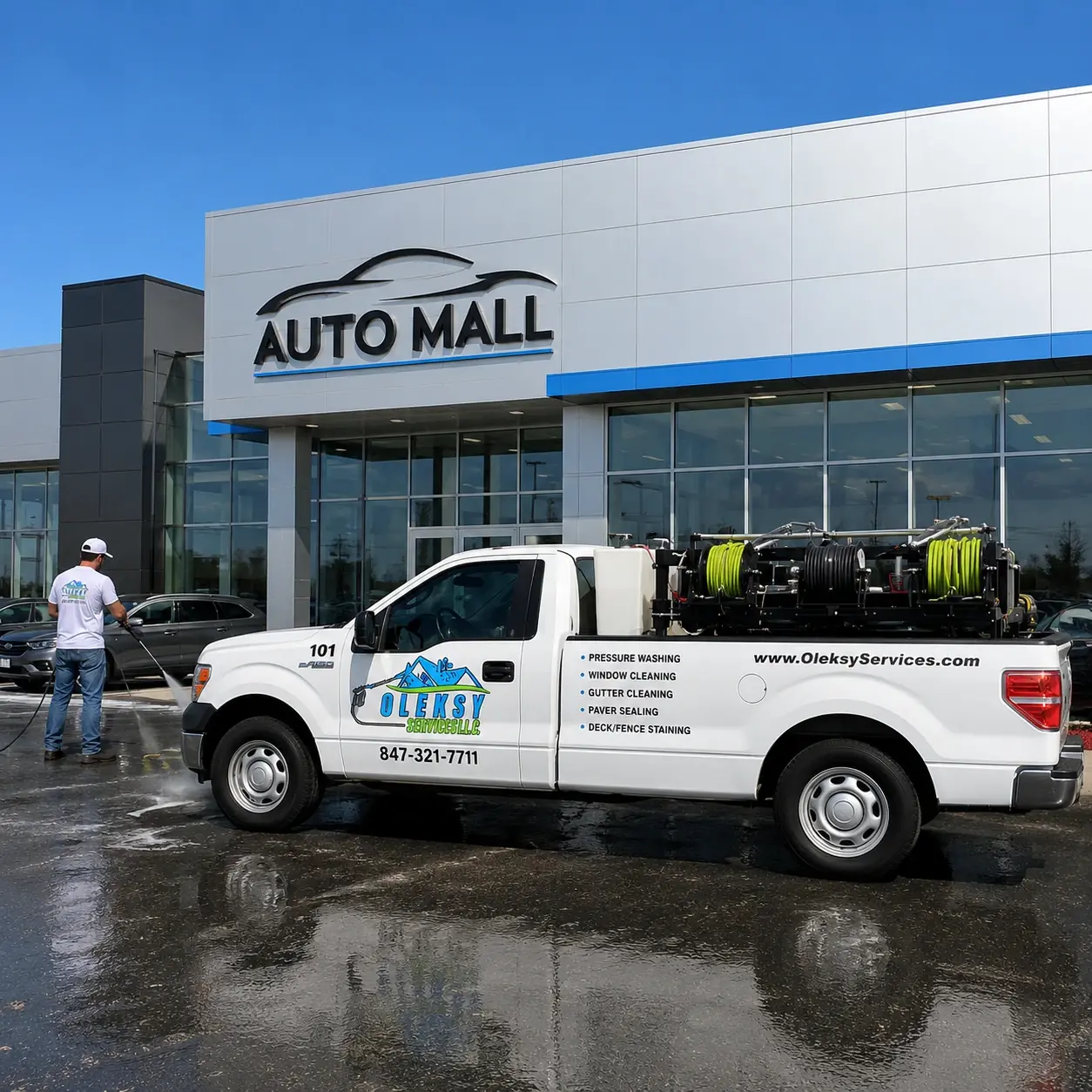 Oleksy Services technician pressure washing the customer lot in front of a car dealership showroom