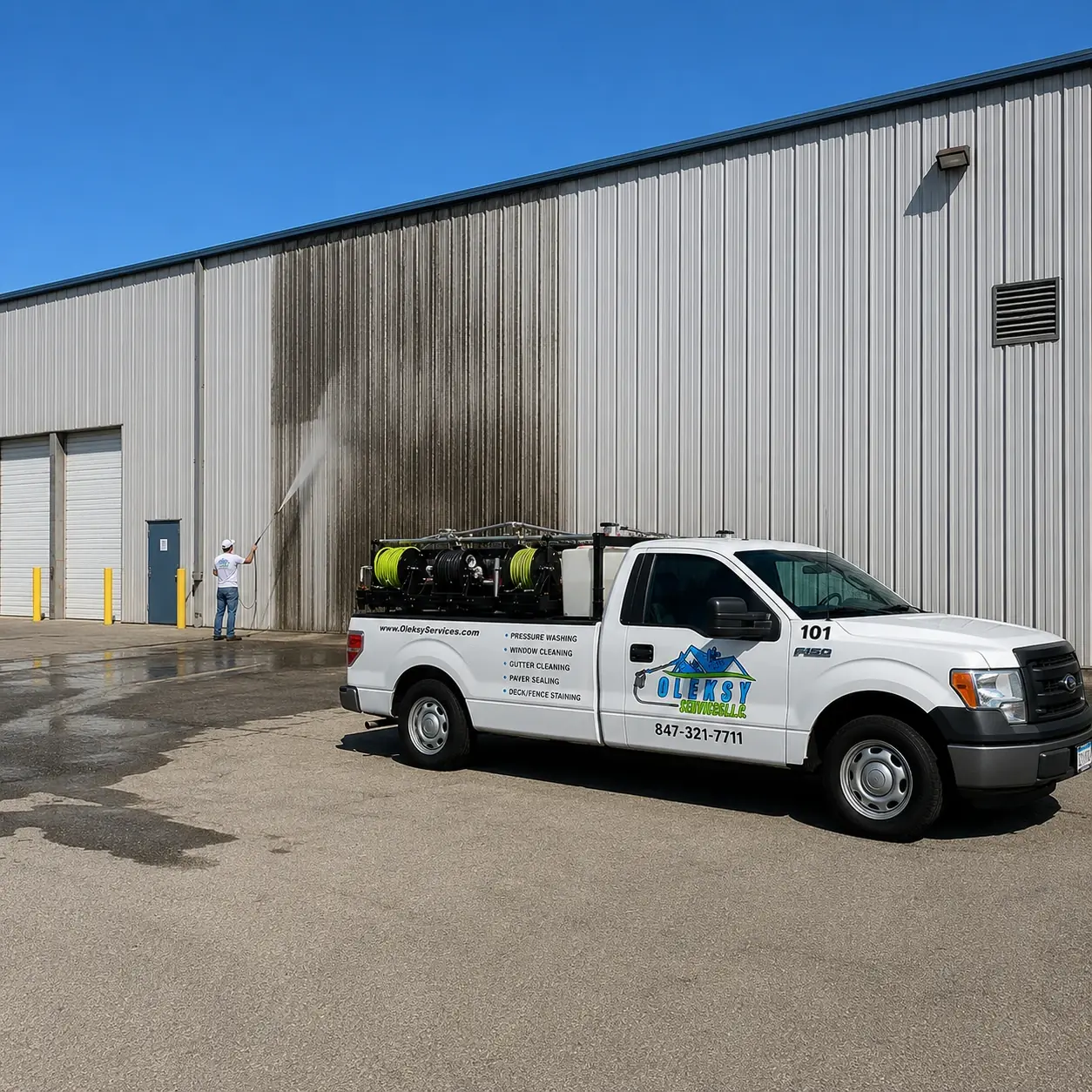 Technician pressure washing a heavily streaked metal warehouse exterior wall, half already cleaned