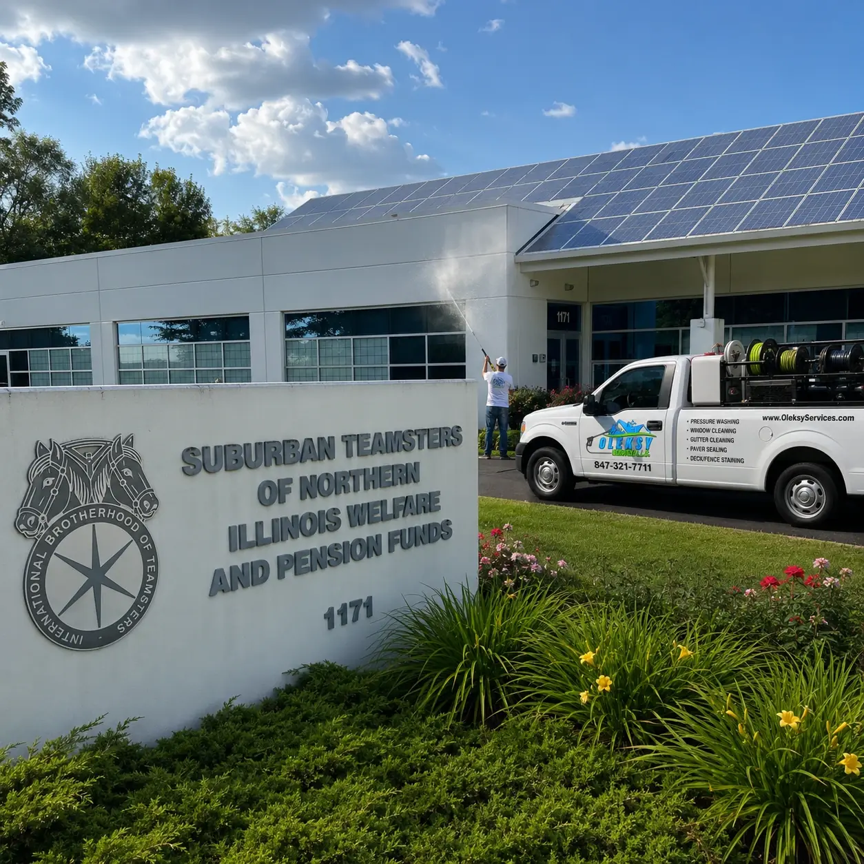 Technician pressure washing the entrance sign in front of a public-facing administrative facility with a solar panel canopy