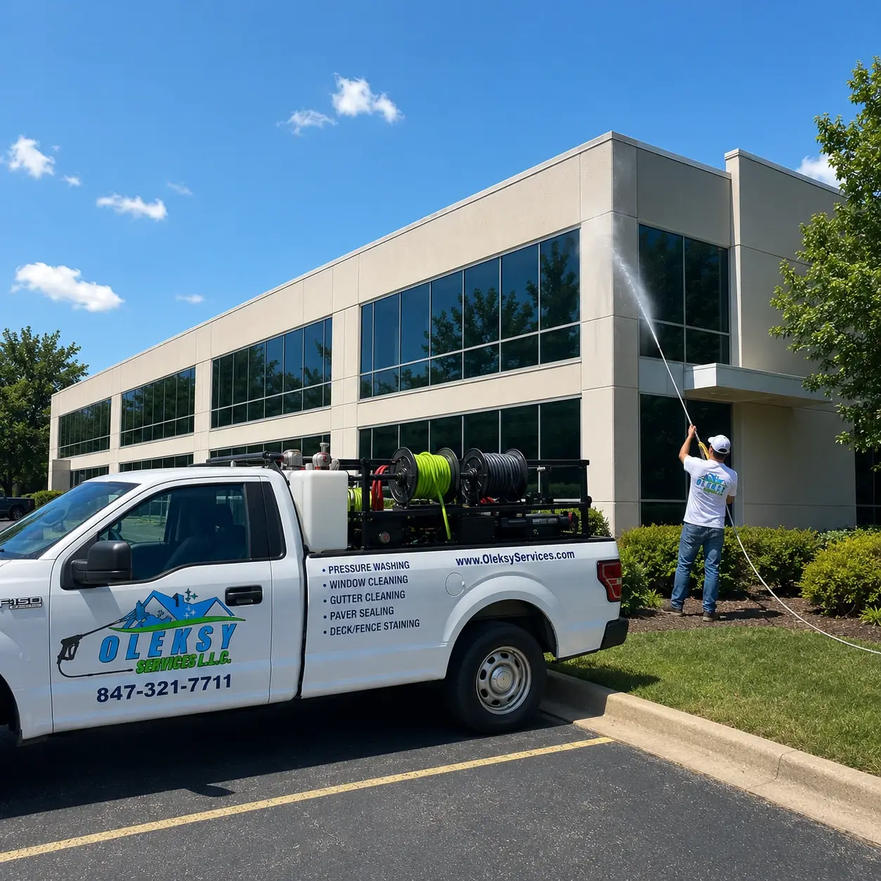 Technician using a water-fed pole to wash upper-story windows on a two-story glass and stucco office building