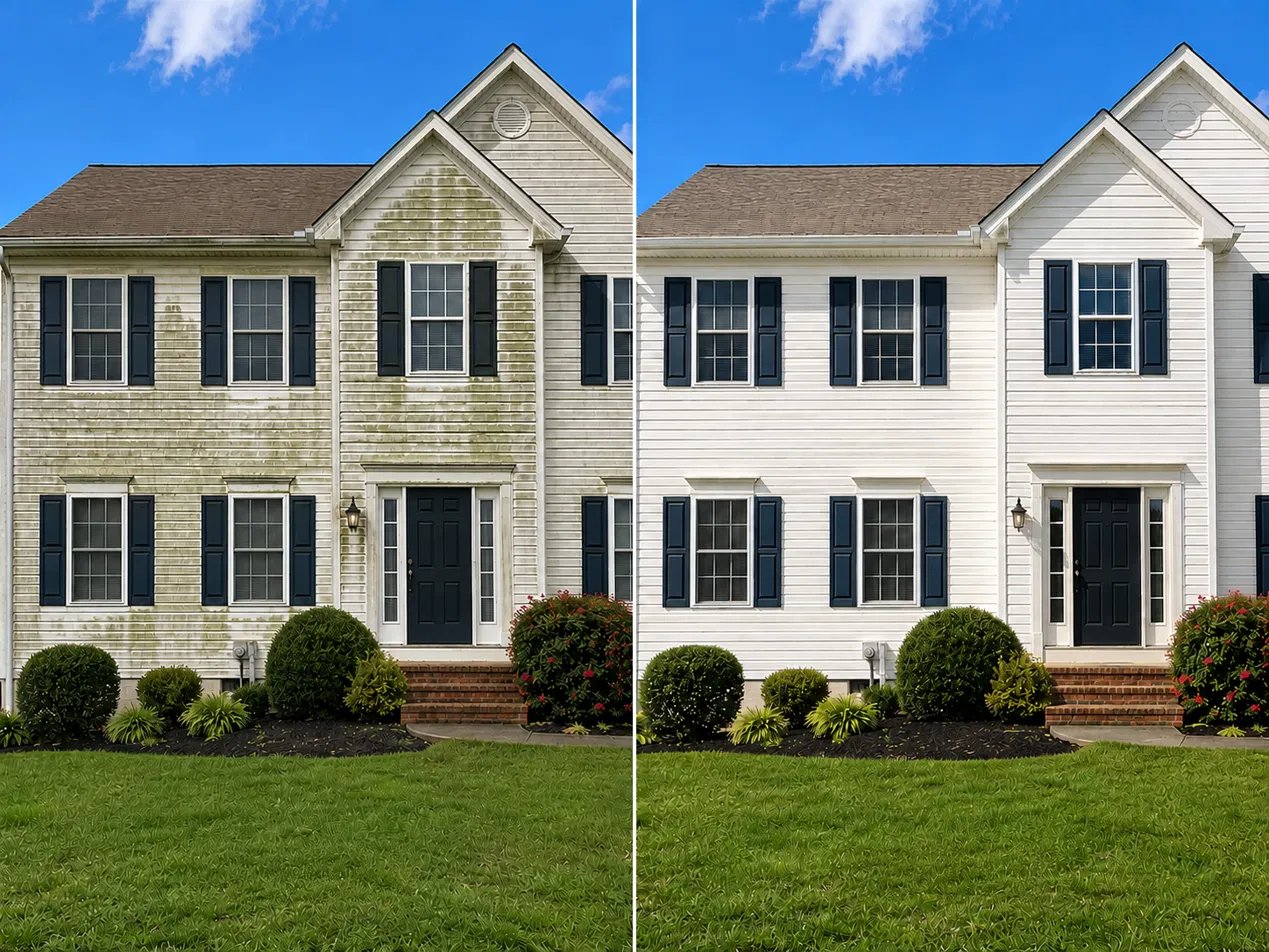 Home exterior before and after soft washing
